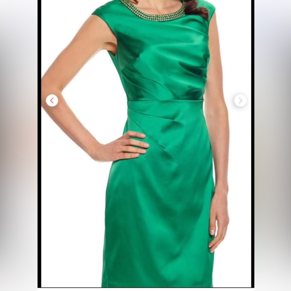 Elegant Jay Unger Green Satin Sleeveless Dress with embellished neckline Size 10